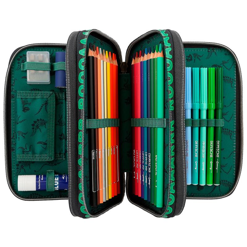 Favorit Federmäppchen Mit 3 Fächern – Inklusive Schreibwaren-Set, Camouflage-Grün, 20 X 13 X 7,5 Cm