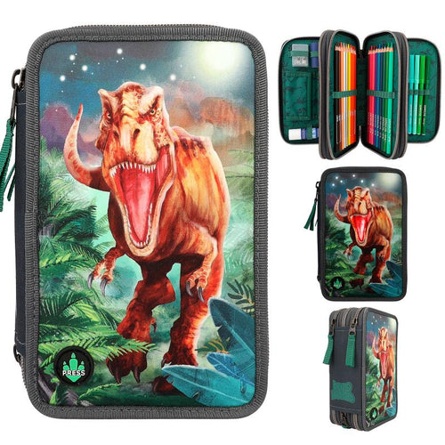 3-fach Federmäppchen Dino World LED grau