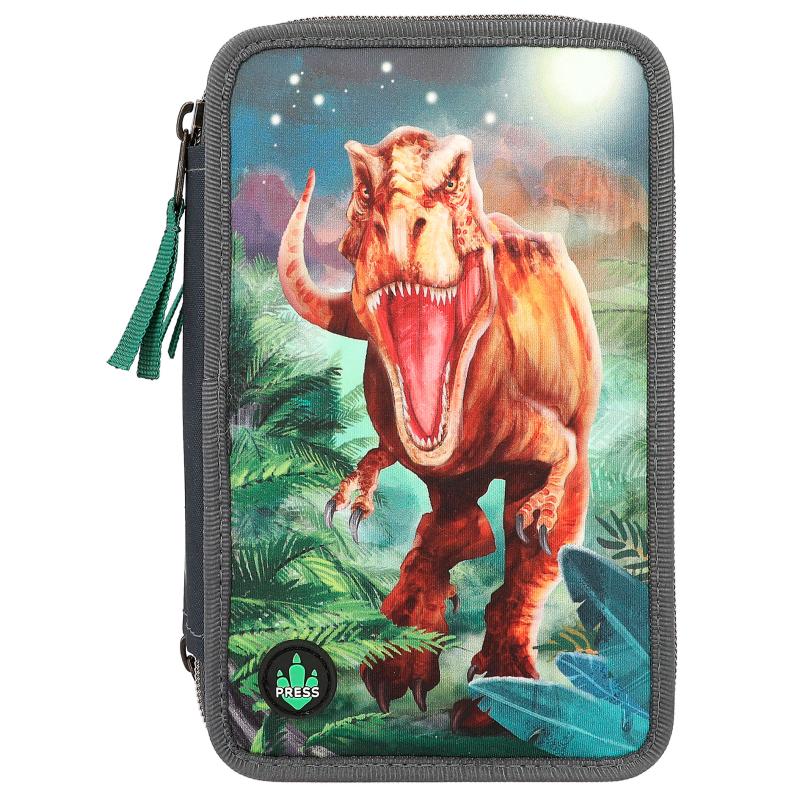 3-fach Federmäppchen Dino World LED grau