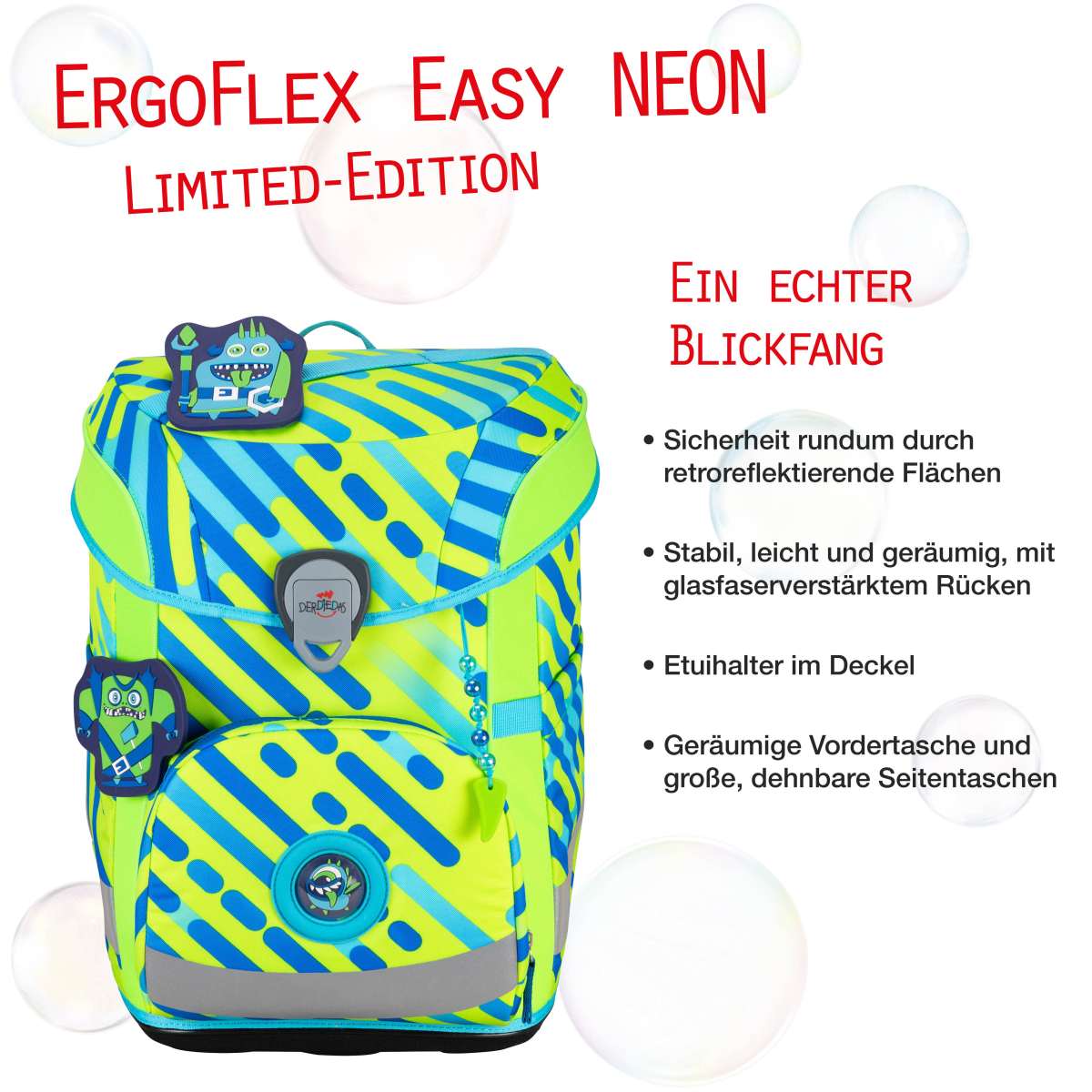 DerDieDas ErgoFlex EASY NEON Monster Schulranzen-Set 5tlg.