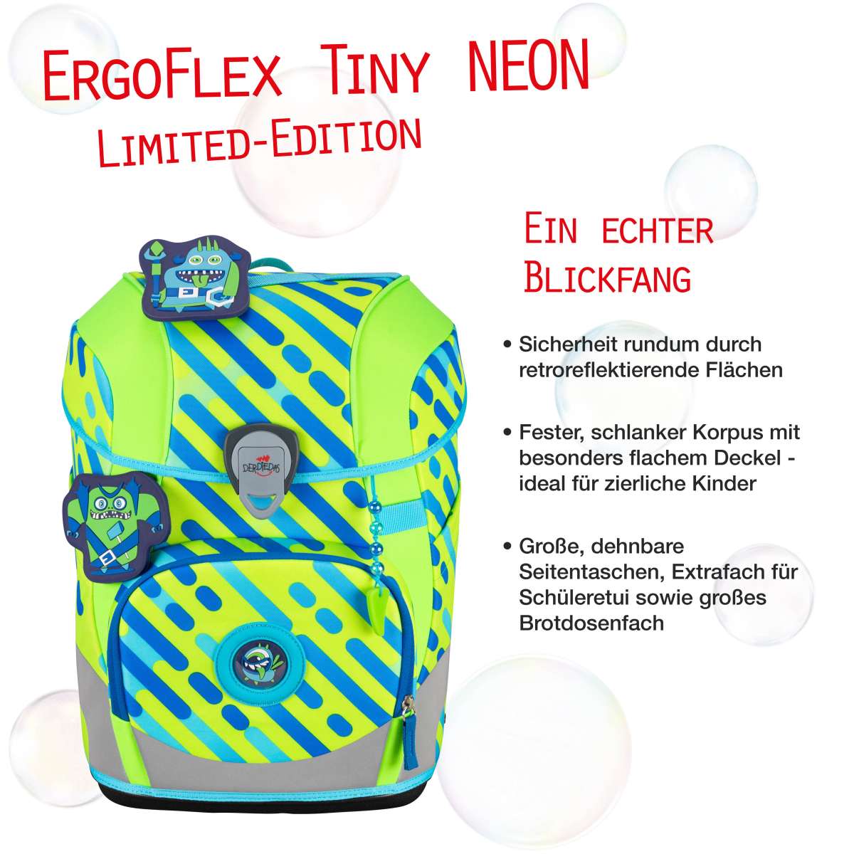 DerDieDas ErgoFlex Tiny NEON Schulranzen-Set Monster 5tlg.