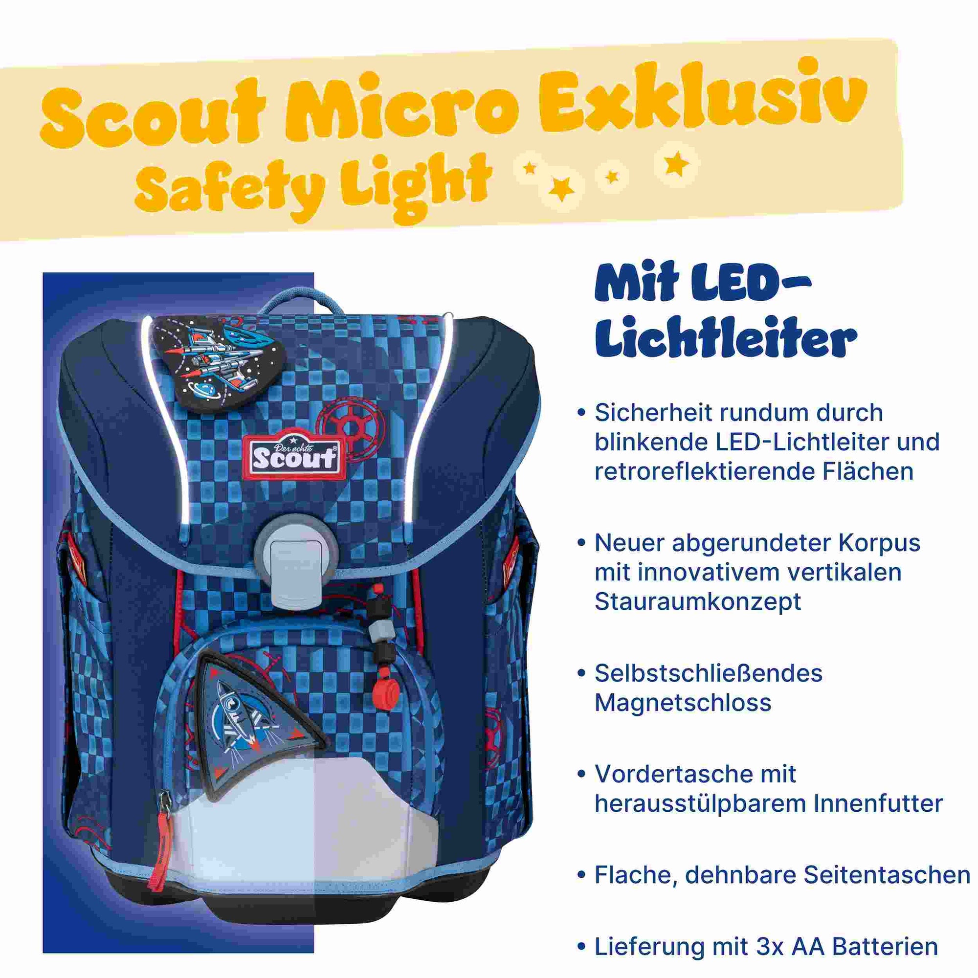 Scout Micro Schulranzen-Set 4tlg. Space Explorer Safety Light